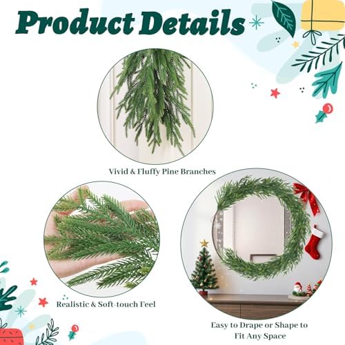 2Pcs 6FT Christmas Garland, Norfolk Pine Garland for Mantle Decor, alternate view 4