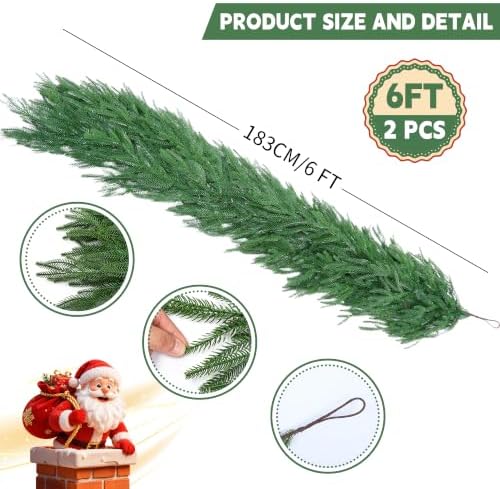 2Pcs 6FT Christmas Garlands, Real Touch Artificial Norfolk Pine Garlands in Green, alternate view 2