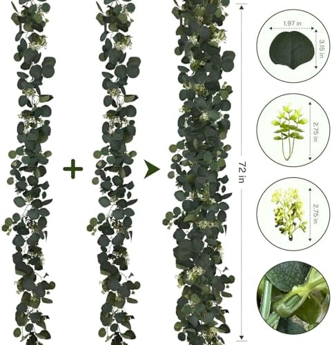 2Pcs 6FT Eucalyptus Garland, Green Garland with Flowers, Artificial Faux Greenery Vines for centerpieces Wedding, alternate