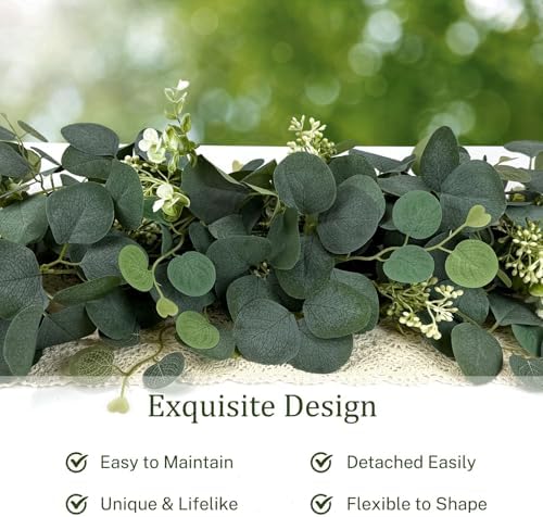 2Pcs 6FT Eucalyptus Garland, Green Garland with Flowers, Artificial Faux Greenery Vines for centerpieces Wedding, alternate