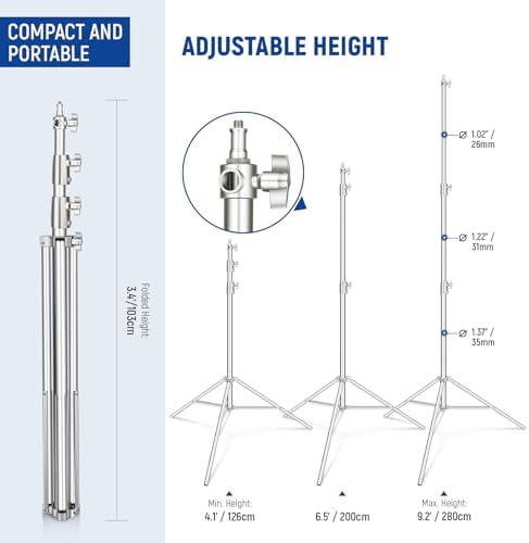 2Pcs 9.2ft Stainless Steel Light Stands, Spring Cushioned Heavy Duty Photography Tripod Stand with 1/4"-3/8", alternate view