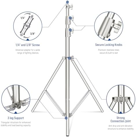 2Pcs 9.2ft Stainless Steel Light Stands, Spring Cushioned Heavy Duty Photography Tripod Stand with 1/4"-3/8", alternate view