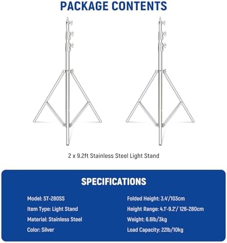 2Pcs 9.2ft Stainless Steel Light Stands, Spring Cushioned Heavy Duty Photography Tripod Stand with 1/4"-3/8", alternate view