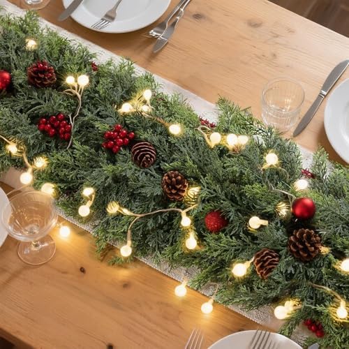 2PCS 9FT Artificial Christmas Cedar Garland Faux Greenery for Mantle Decor, alternate view 6
