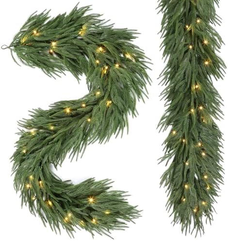 2PCS 9FT Artificial Christmas Garland with Lights, Norfolk Pine Garland in Green