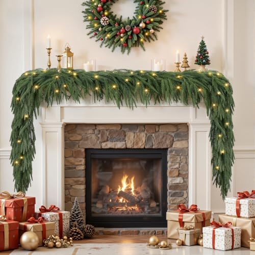 2PCS 9FT Artificial Christmas Garland with Lights, Norfolk Pine Garland in Green, alternate view 2