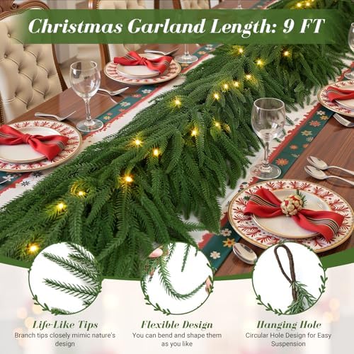 2PCS 9FT Artificial Christmas Garland with Lights, Norfolk Pine Garland in Green, alternate view 5