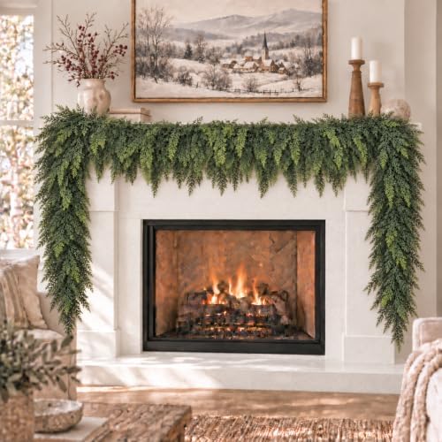 2PCS 9FT Christmas Cedar Garland, Real Touch Cedar Garland, Artificial Cypress Greenery Garlands for Mantle