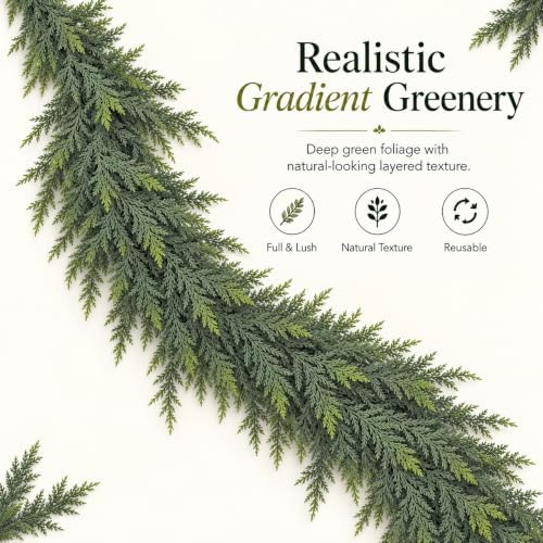 2PCS 9FT Christmas Cedar Garland, Real Touch Cedar Garland, Artificial Cypress Greenery Garlands for Mantle, alternate view 3