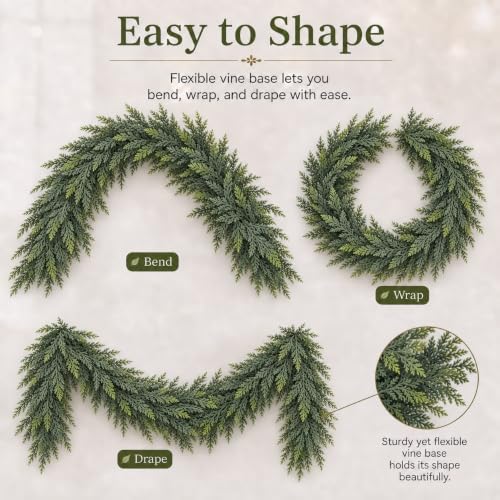 2PCS 9FT Christmas Cedar Garland, Real Touch Cedar Garland, Artificial Cypress Greenery Garlands for Mantle, alternate view 4