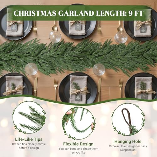2PCS 9FT Christmas Garland, Artificial Real Touch Norfolk Pine Garland, alternate view 4