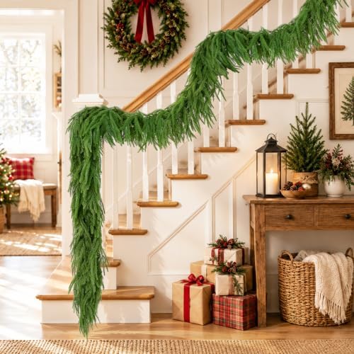 2Pcs 9Ft Christmas Norfolk Pine Garland, Faux Greenery Garlands for Mantle, alternate view 5