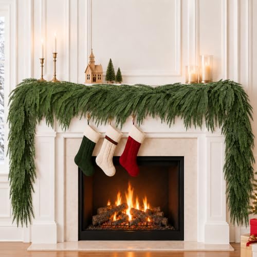 2Pcs 9FT Christmas Norfolk Pine Garland, Real Touch Artificial Greenery Garland, Realistic Faux Pine Garlands