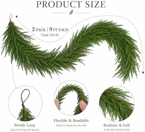 2Pcs 9FT Christmas Norfolk Pine Garland, Real Touch Artificial Greenery Garland, Realistic Faux Pine Garlands, alternate view