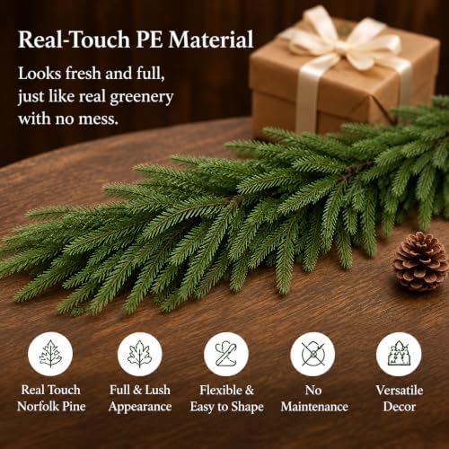 2Pcs 9FT Christmas Norfolk Pine Garland, Real Touch Artificial Greenery Garland, Realistic Faux Pine Garlands, alternate view