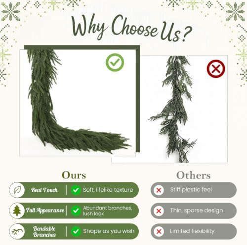 2PCS 9FT Christmas Norfolk Pine Garland, Real Touch Soft Mantel Decor in Green, alternate view 5