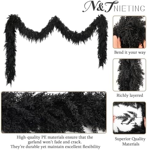 2PCS 9FT Halloween Cedar Garland, Black Real Touch Christmas Decorations, alternate view 4