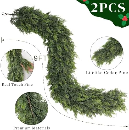 2PCS 9FT Lifelike Touch Artificial Cedar Garland for Mantle Christmas Decor, alternate view 5