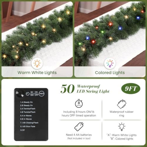 2PCS 9FT Pre-Lit Christmas Garland, Lighted Norfolk Pine Garland in Green, alternate view 3