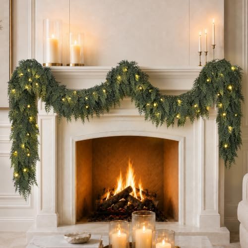 2PCS 9FT Prelit Christmas Garland with Lights Cedar Garland Christmas Decor in Green