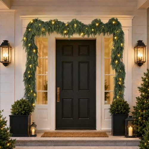 2PCS 9FT Prelit Christmas Garland with Lights Cedar Garland Christmas Decor in Green, alternate view 4