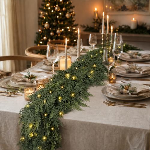 2PCS 9FT Prelit Christmas Garland with Lights Cedar Garland Christmas Decor in Green, alternate view 6
