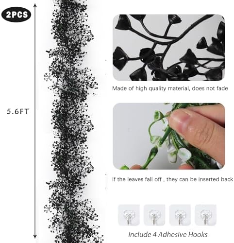 2Pcs Artificial Black Wisteria Garland 5.6Ft Plastic Halloween Vine, alternate view 4