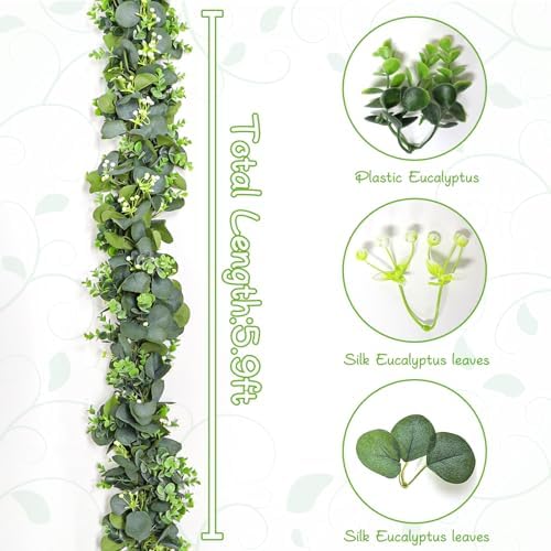 2pcs Artificial Eucalyptus Garland, 5.9FT Greenery Garland Vines Decoration, Faux Silver Dollar Eucalyptus, alternate view 3