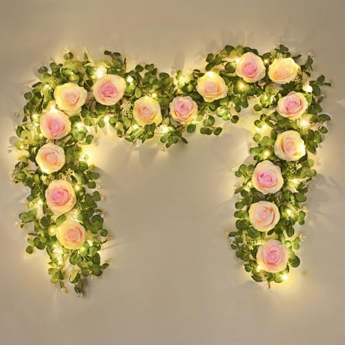 2Pcs Artificial Eucalyptus Garlands with Flowers - 8 Roses, Faux Floral Greenery Garlands Fake Flower Vines for