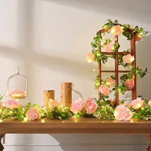 2Pcs Artificial Eucalyptus Garlands with Flowers - 8 Roses, Faux Floral Greenery Garlands Fake Flower Vines for, alternate