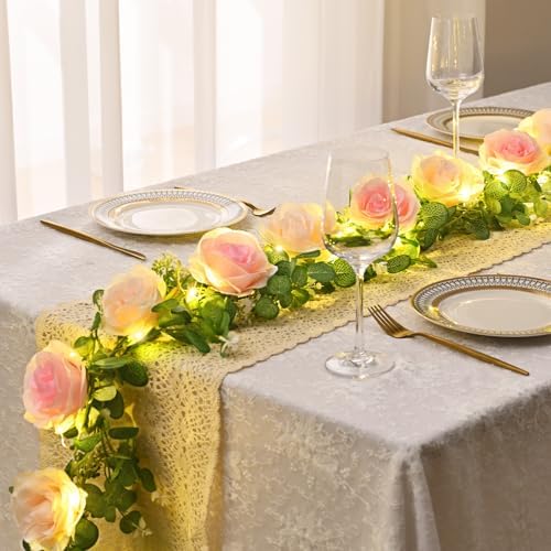 2Pcs Artificial Eucalyptus Garlands with Flowers - 8 Roses, Faux Floral Greenery Garlands Fake Flower Vines for, alternate