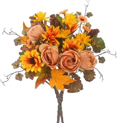 2Pcs Artificial Fall Flowers Bouquet Faux Sunflower and Rose for Fall Decor