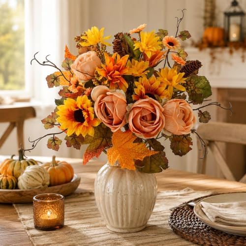 2Pcs Artificial Fall Flowers Bouquet Faux Sunflower and Rose for Fall Decor, alternate view 4