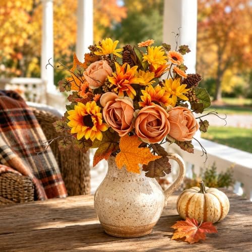 2Pcs Artificial Fall Flowers Bouquet Faux Sunflower and Rose for Fall Decor, alternate view 5