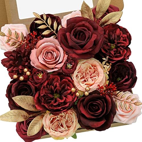 2PCS Artificial Flowers Burgundy Pink Fake Flowers for Wedding