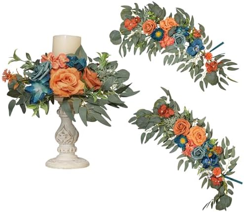 2pcs Artificial Flowers Candelabras Decoration, Burnt Orange & Dark Teal Floral Swag Greenery Garland for Rose