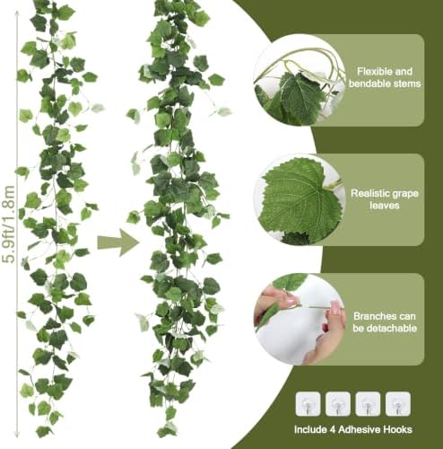 2Pcs Artificial Grape Leaves Ivy Vine 5.9Ft Silk Green Leaf Garland, alternate view 5