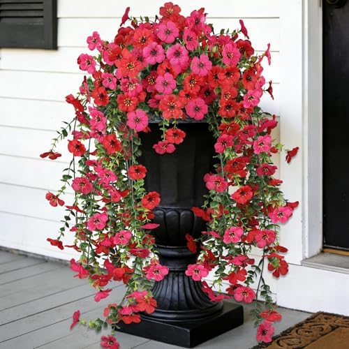 2PCS Artificial Hanging Flowers for Outdoor Decorations, RD + RS