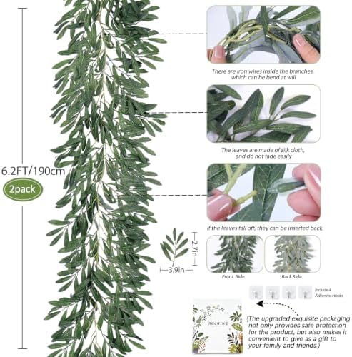 2Pcs Artificial Silk Olive Leaves Vines Garland 6.2Ft Green Rattan, alternate view 4