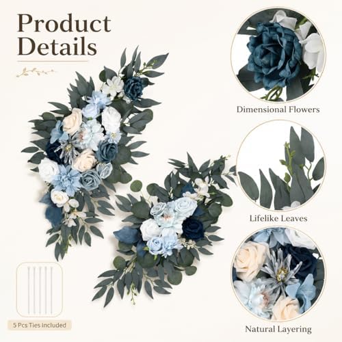2PCS Artificial Wedding Arch Flowers, 31.5 & 23.4 inch Blue Floral Swag Arrangement, Rustic Wedding Arch, alternate view 4