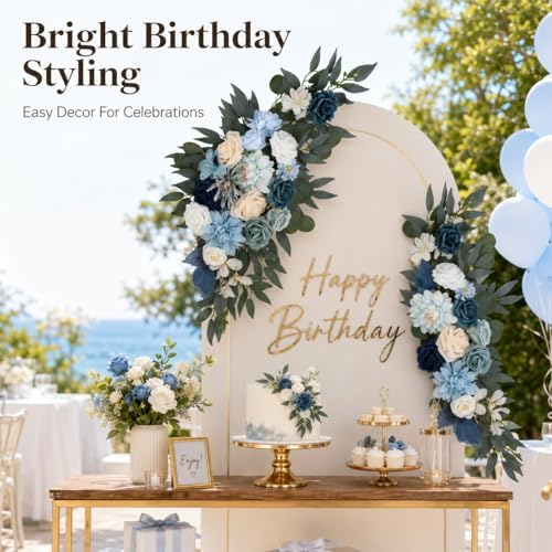 2PCS Artificial Wedding Arch Flowers, 31.5 & 23.4 inch Blue Floral Swag Arrangement, Rustic Wedding Arch, alternate view 5