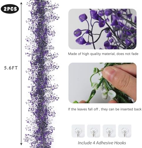 2Pcs Artificial Wisteria Garlands 5.6Ft Plastic Hanging Vine Purple, alternate view 3