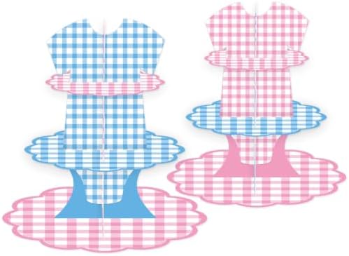 2pcs Blue & Pink Gingham Gender Reveal 3 Tiered Cupcake Stand Dessert Cake Table Displays Boy or Girl Gender