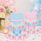2pcs Blue & Pink Gingham Gender Reveal 3 Tiered Cupcake Stand Dessert Cake Table Displays Boy or Girl Gender, alternate view