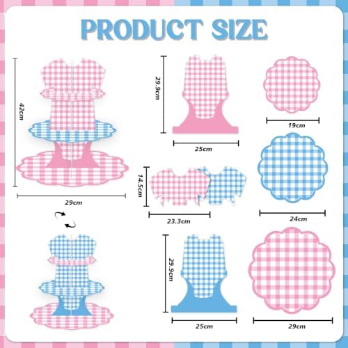2pcs Blue & Pink Gingham Gender Reveal 3 Tiered Cupcake Stand Dessert Cake Table Displays Boy or Girl Gender, alternate view