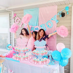2pcs Blue & Pink Gingham Gender Reveal 3 Tiered Cupcake Stand Dessert Cake Table Displays Boy or Girl Gender, alternate view