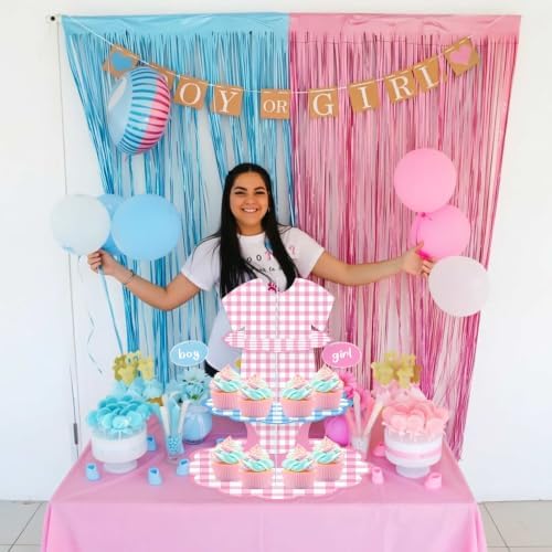 2pcs Blue & Pink Gingham Gender Reveal 3 Tiered Cupcake Stand Dessert Cake Table Displays Boy or Girl Gender, alternate view