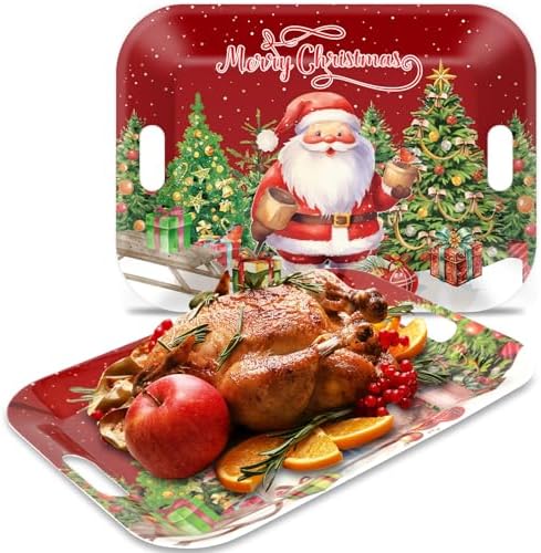 2PCS Christmas Serving Tray with Handles 16 X 11 Inch Large Melamine Platters Serving Dishes Rectangular Vintage