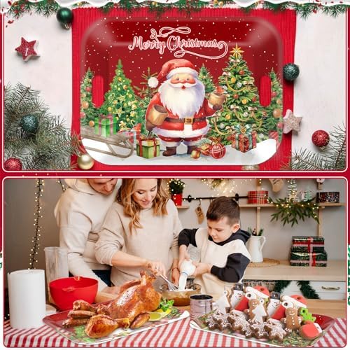 2PCS Christmas Serving Tray with Handles 16 X 11 Inch Large Melamine Platters Serving Dishes Rectangular Vintage, alternate