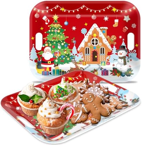 2PCS Christmas Serving Tray with Handles 16 X 11 Inch Large Melamine Platter Serving Dishes Rectangular Xmas